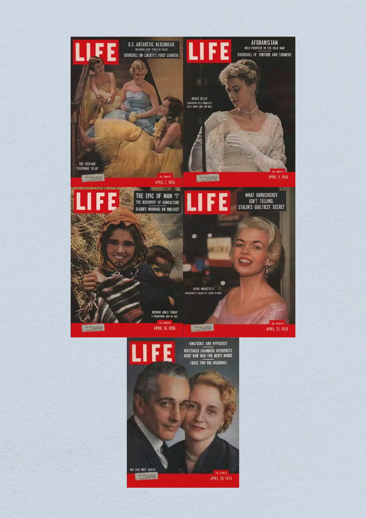 Life Magazine lot of 5 from April 1956, featuring magazine covers from April 2, 9, 16, 23, and 30, capturing significant events of the Civil Rights Era.