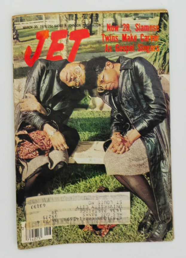 VTG Jet Magazine cover from March 30, 1978 featuring Yvette and Yvonne McCarther, the Siamese twins, with the headline 'Now 28, Siamese Twins Make Career As Gospel Singers'. The magazine shows them seated outdoors, highlighting their unique connection and careers.