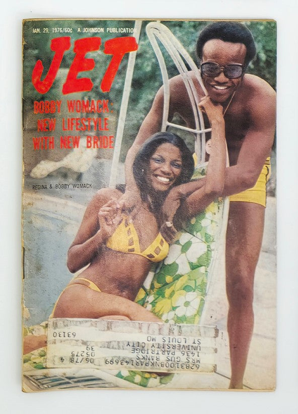 Vintage Jet Magazine cover from January 29, 1976 featuring Regina and Bobby Womack. The couple is depicted enjoying a sunny day outdoors, with Regina wearing a yellow bikini and Bobby wearing sunglasses and shorts. The cover highlights 'New Lifestyle with New Bride' in bold red text.