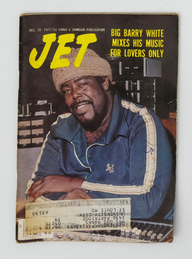 VTG Jet Magazine December 22 1977 cover featuring Big Barry White, showcasing his music mixing for lovers with a vintage design and notable wear including a label and marks.