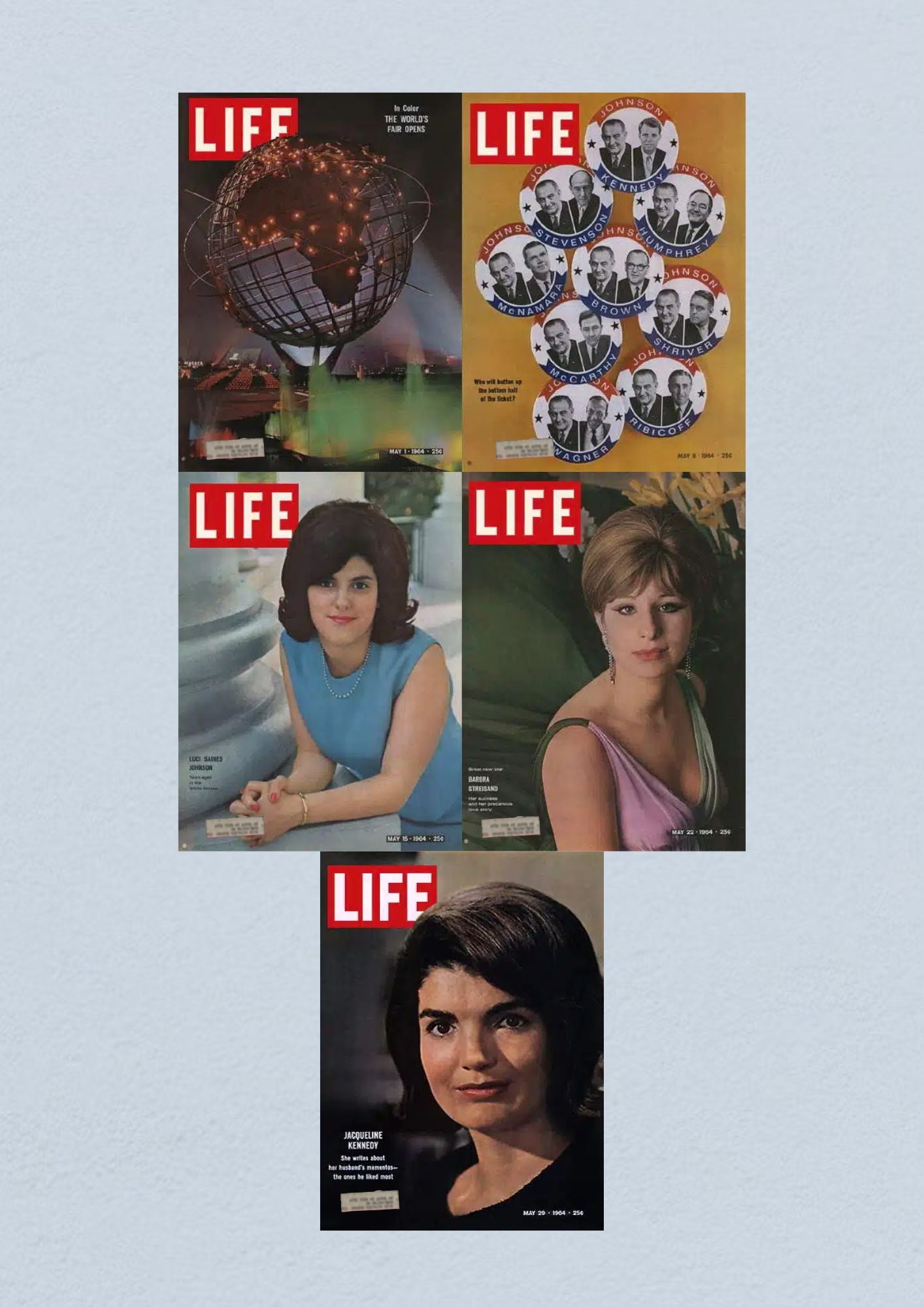 Life Magazine May 29, 1964 cover showcasing Jacqueline Kennedy, highlighting her role and influence in American society during the Civil Rights Era. Life Magazine Lot of 5 Full Month May 1964.