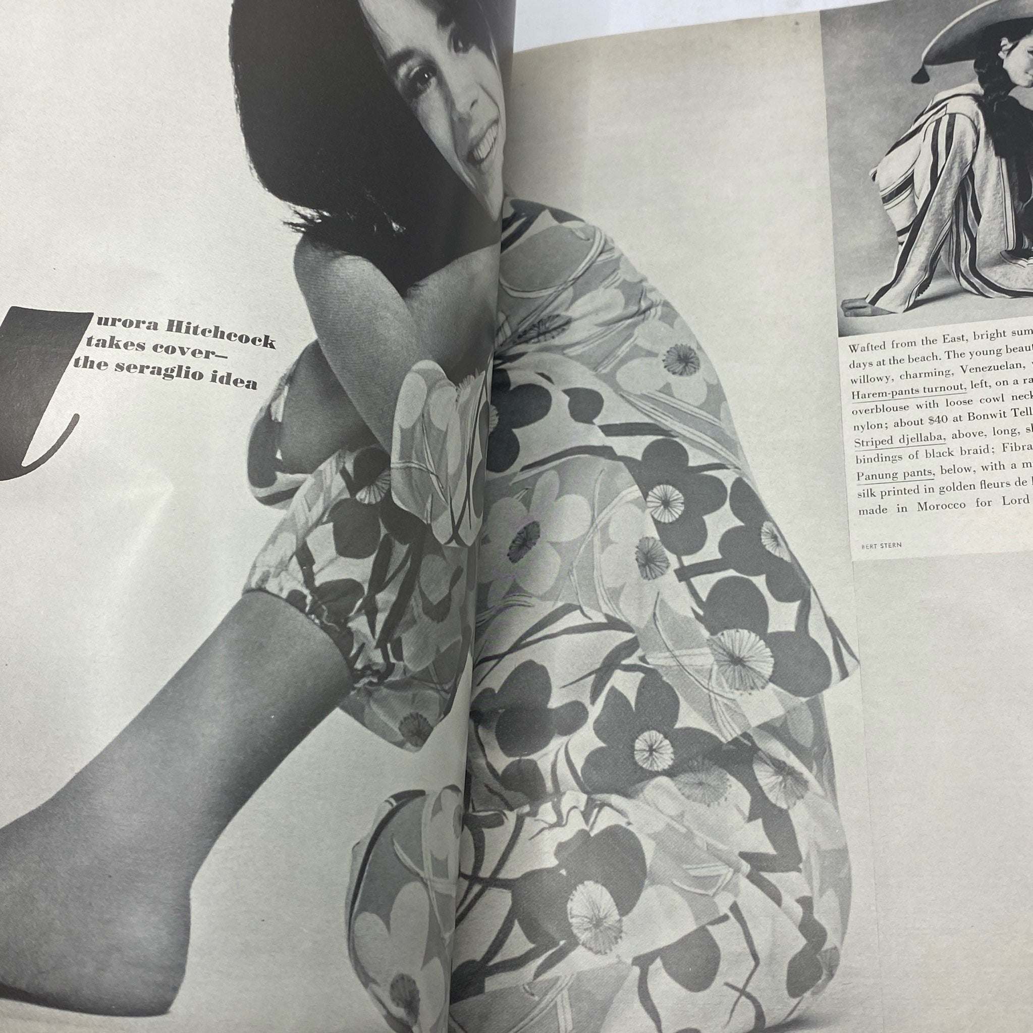 Page from VTG Vogue Magazine May 1966 featuring Aurora Hitchcock in colorful fashion attire, captured by photographer Bert Stern.