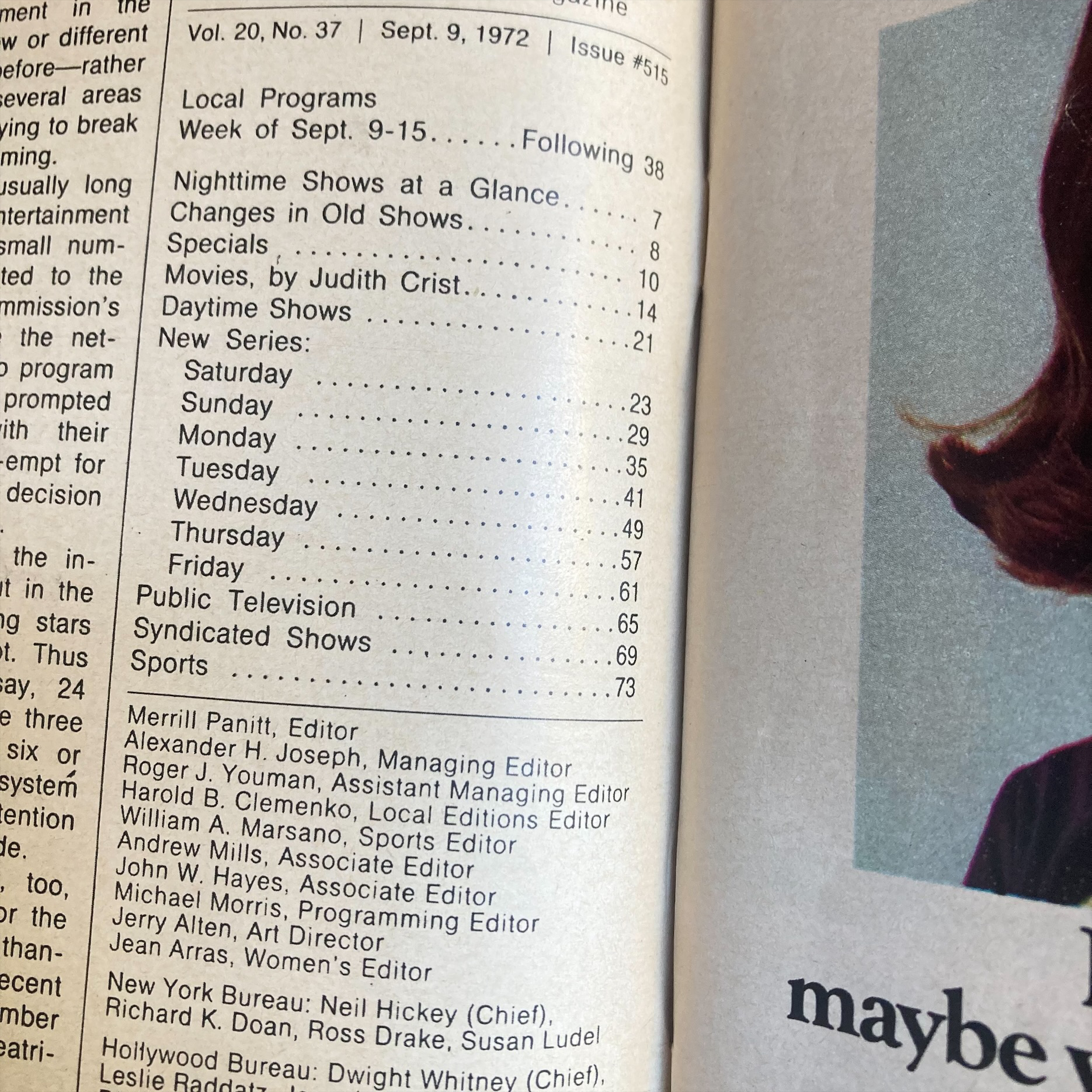 Page from TV Guide Magazine September 9 1972 #515 showing the contents for the week of September 9-15, including shows and segments listed for each day.