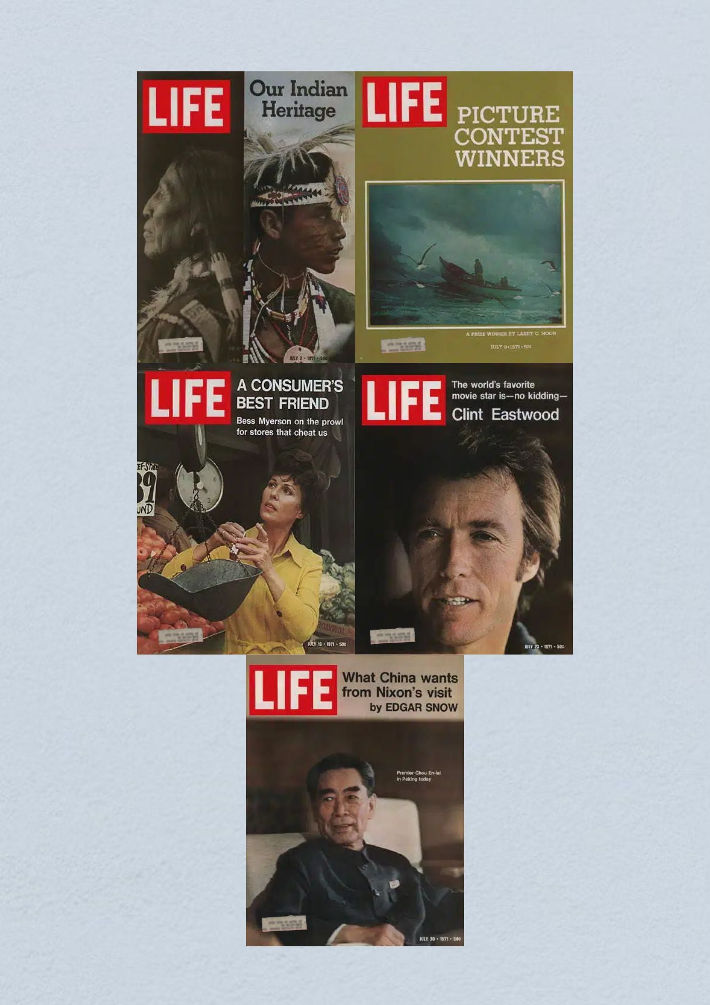 Life Magazine Lot of 5 Full Month July 1971 featuring covers including 'Our Indian Heritage', 'Picture Contest Winners', 'A Consumer's Best Friend' with Bess Myerson, and articles on Clint Eastwood and Nixon's visit to China.