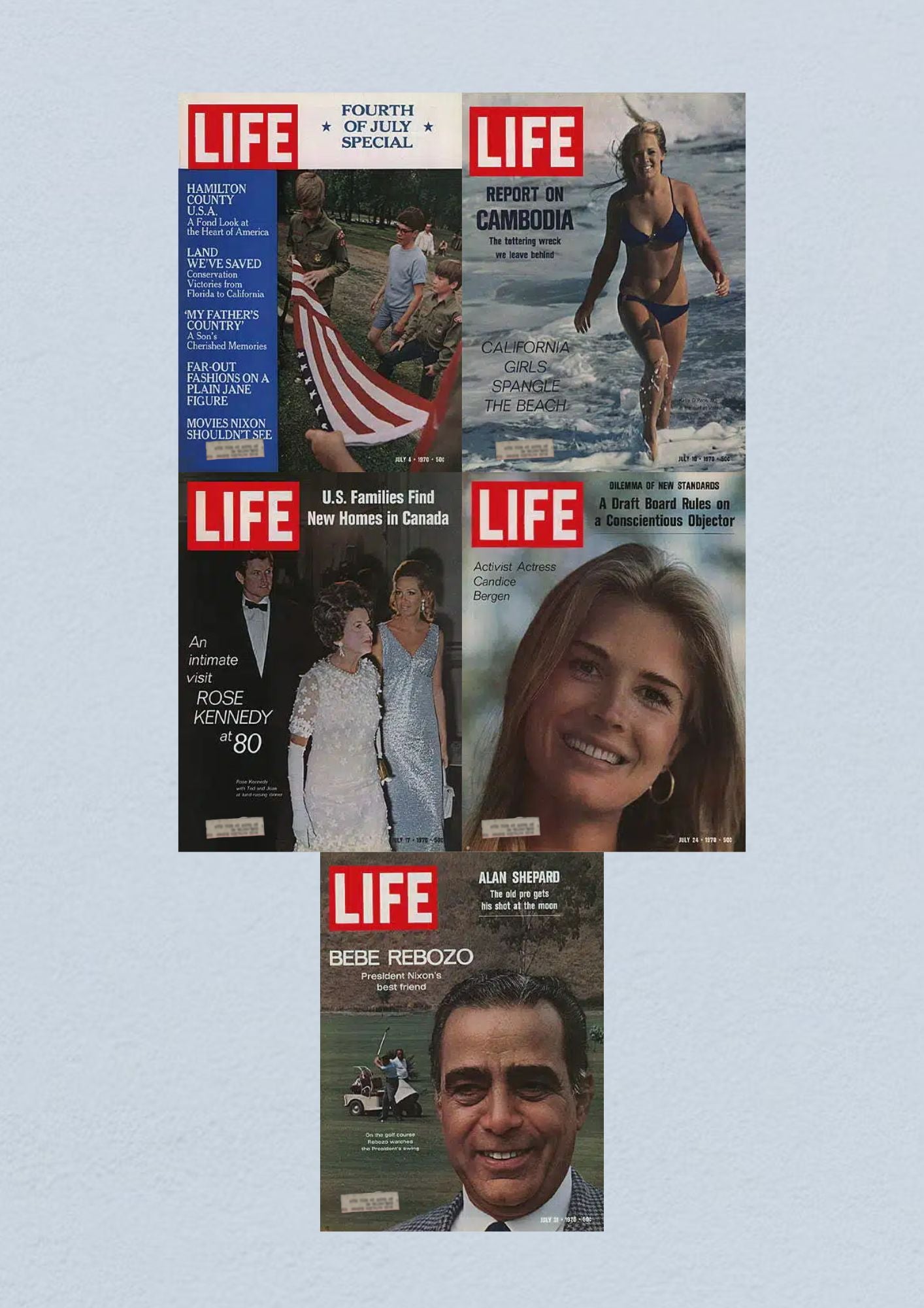 Life Magazine July 1970 lot of 5 issues featuring Fourth of July special, California girls at the beach, intimate visit with Rose Kennedy at 80, coverage of Cambodia, and an article about Bebe Rebozo.