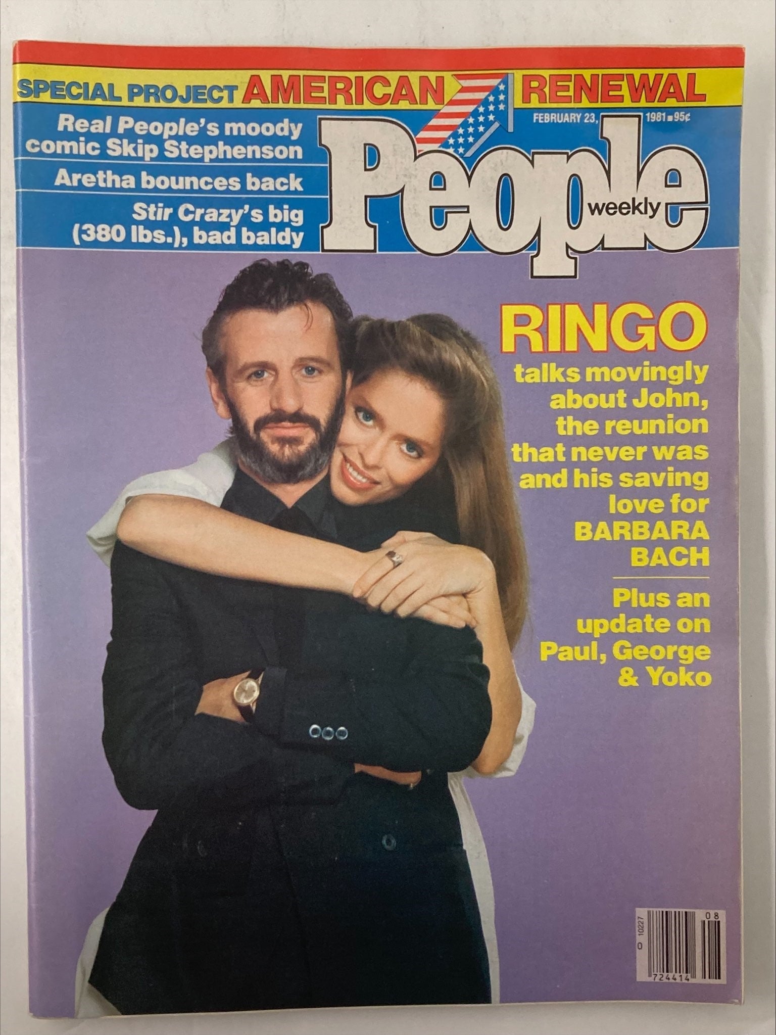 Vintage People Weekly Magazine from February 23, 1981 featuring Ringo Starr and Barbara Bach on the cover, highlighting their connection and the cultural significance of the early 1980s.