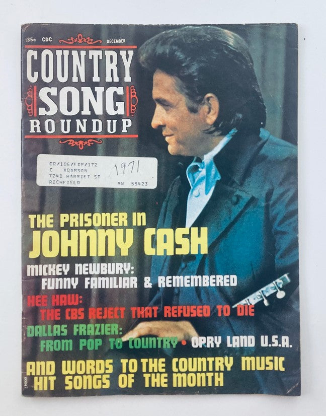 Cover of VTG Country Song Roundup Magazine December 1971 featuring Johnny Cash with the title 'The Prisoner in Johnny Cash' and articles on country music stars.