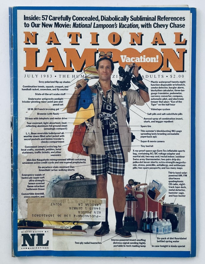Vintage National Lampoon Magazine July 1983 Vol 2 No. 60 showcasing a humorous cover featuring a man with a camera and a colorful array of vacation gear.