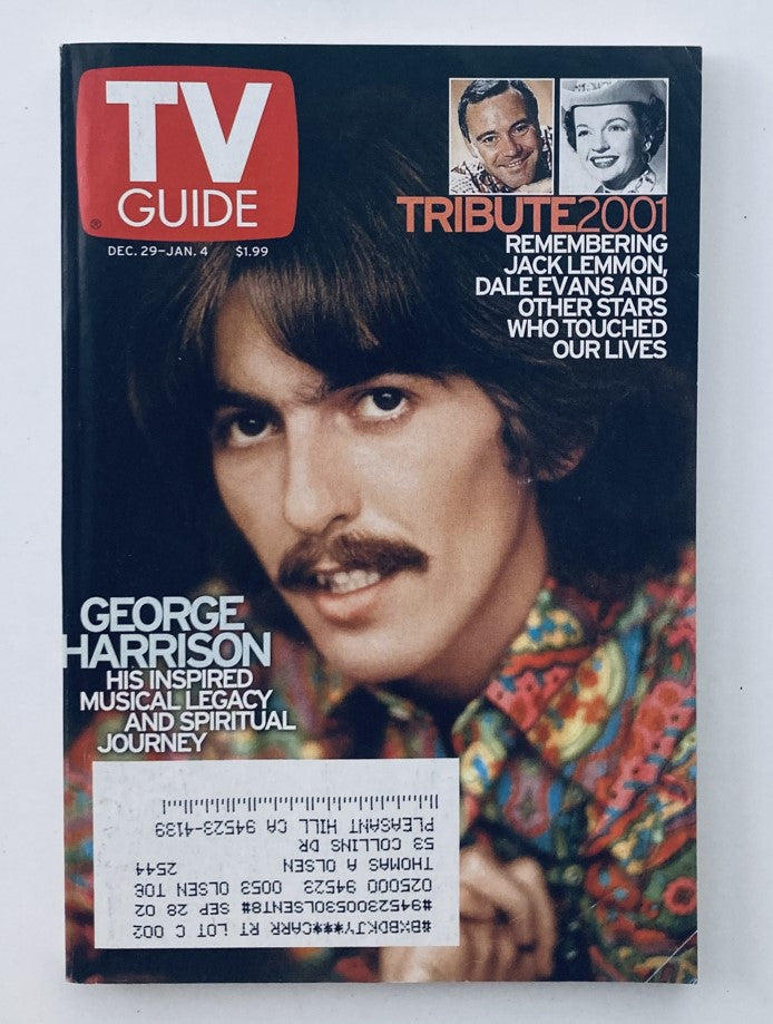 TV Guide Magazine December 29 2001 featuring George Harrison, showcasing his inspired musical legacy and spiritual journey, with a tribute to notable figures including Jack Lemmon.