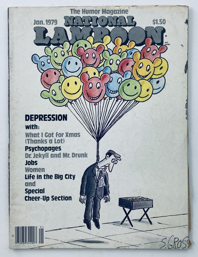 Cover of Vtg National Lampoon Magazine Jan 1979 Edition featuring colorful smiley face balloons and the title 'Depression' with the subtitle 'What I Got for Xmas'.
