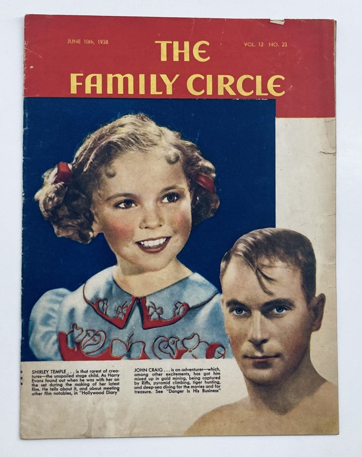 Cover of VTG The Family Circle Magazine dated June 10, 1938 featuring Shirley Temple and John Craig, showcasing vintage illustration style from the 1930s.