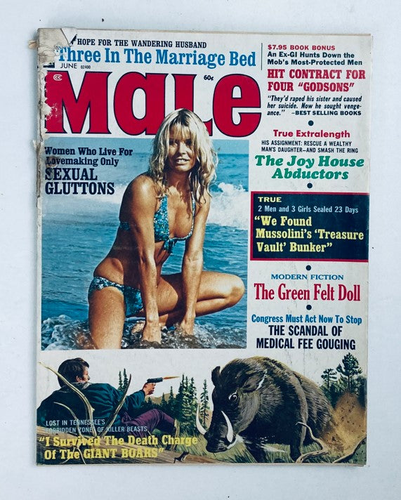 VTG Male Magazine June 1972 Cover featuring a woman in a swimsuit, with the bold title 'Male' and the cover story 'The Joy House Abductors'.