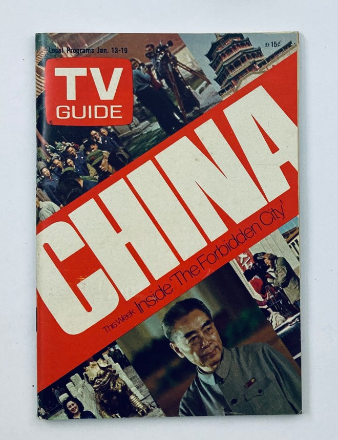 Cover of TV Guide Magazine January 13 1973 #533 featuring the main headline 'CHINA' with a detailed subtitle 'Inside The Forbidden City', showcasing images and themes related to Chinese culture and history.
