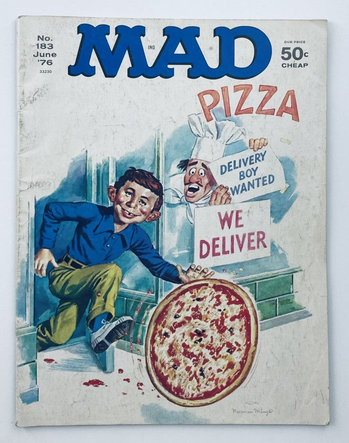 Cover of Mad Magazine June 1976 No. 183 featuring a humorous illustration of a boy and a chef with a pizza, highlighting the issue's satirical theme 'Dum-Dum Afternoon'.