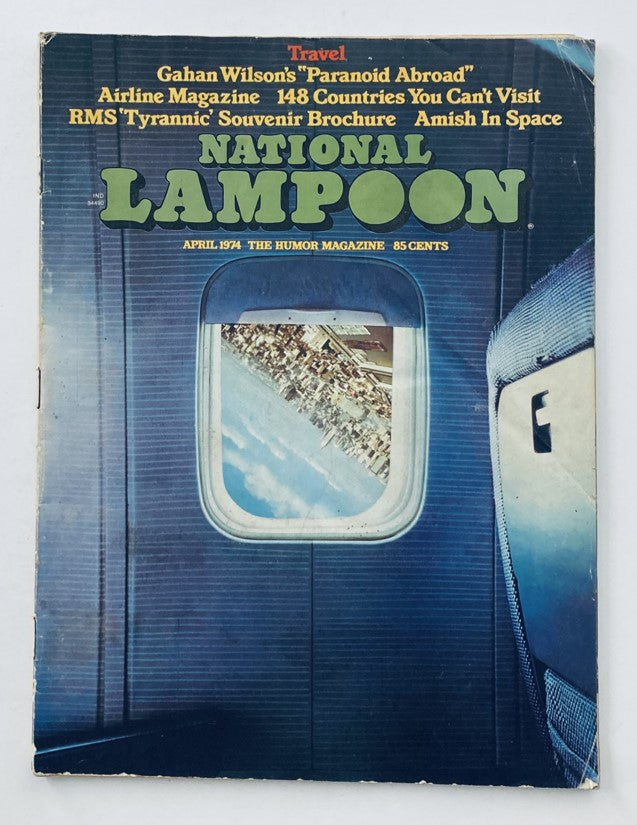 Vintage National Lampoon Magazine from April 1974, Vol 1 No 49 featuring the theme 'Paranoid Abroad', showcasing a window view from an airplane.