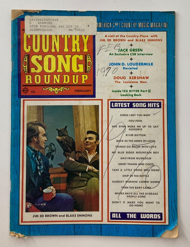 Front cover of VTG Country Song Roundup Magazine February 1970 featuring Jim Ed Brown and Blake Emmons, showcasing highlights from classic country music and notable artists of the era.