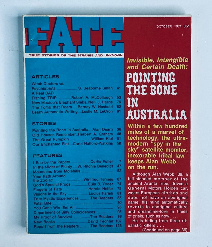Cover of the VTG Fate Magazine October 1971 Vol 24 No 10 titled 'Pointing the Bone in Australia', featuring articles on paranormal events and mysterious stories.