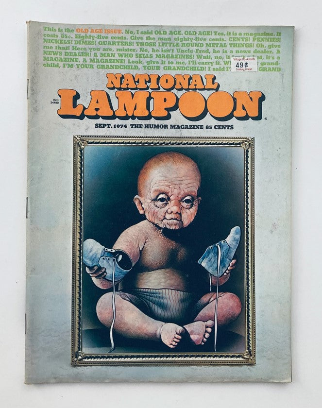 Vintage National Lampoon Magazine September 1974 Vol 1 #54 The Old Age Issue featuring a unique cover illustration of an elderly baby in a humorous pose.