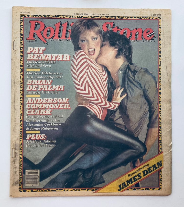 Cover of VTG Rolling Stone Magazine October 16, 1980 Issue 328 featuring Pat Benatar. The image displays Pat Benatar in a striking outfit with a male model, capturing the essence of rock music in the 1980s.