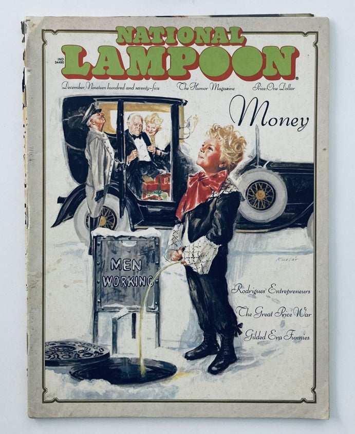 Cover of Vintage National Lampoon Magazine December 1975 titled 'God Is Money', featuring a child holding a bag near a sign that reads 'MEN WORKING' alongside a vintage car.