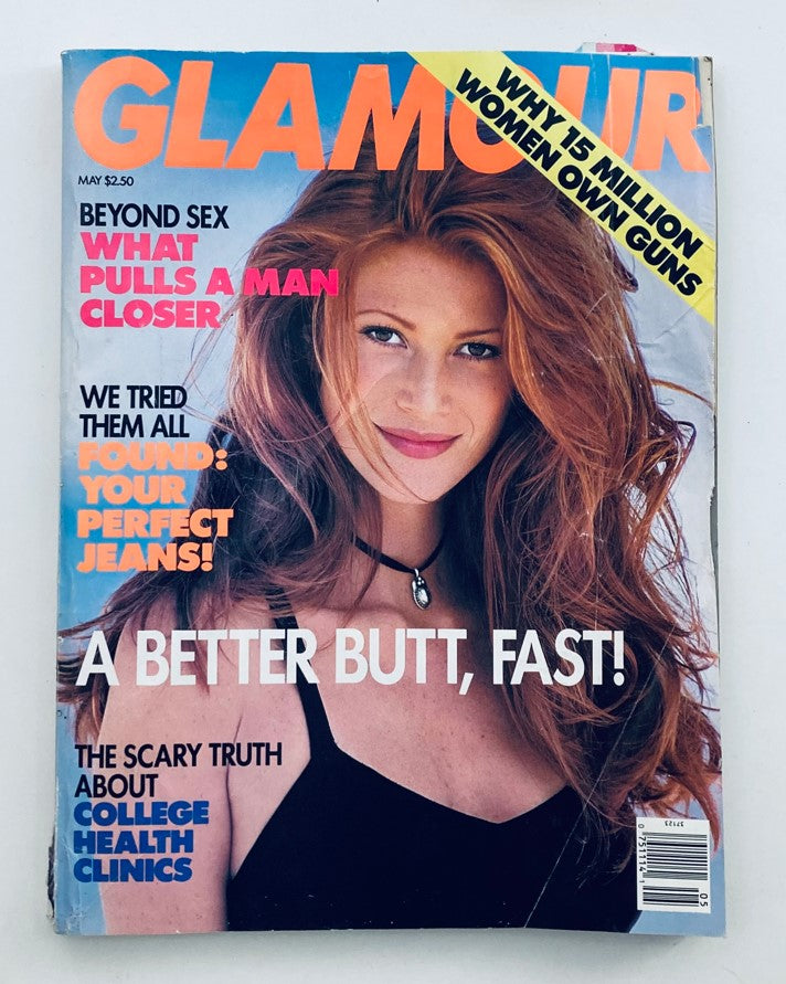 Glamour Magazine May 1993 cover featuring supermodel Angie Everhart, showcasing the headline 'A Better Butt, Fast!' along with articles about beauty and fitness trends from the 90s.