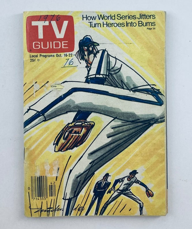 TV Guide Magazine October 16 1976 #1229 cover featuring an illustration of a baseball player and the headline about World Series Jitters.
