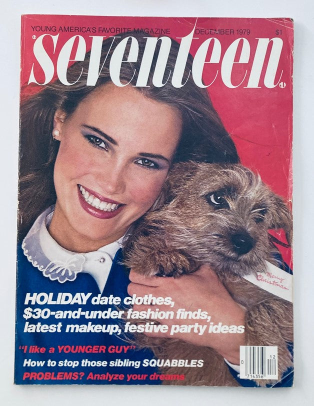 Cover of VTG Seventeen Magazine December 1979 Olympic Games Keepsakes showcasing a smiling model holding a dog, featuring holiday fashion finds and advice.