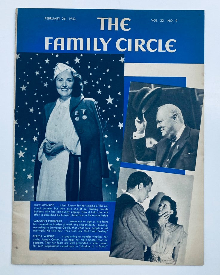 Cover of VTG The Family Circle Magazine February 26 1943 featuring Lucy Monroe, Winston Churchill, and Teresa Wright, showcasing a historical glimpse into early 1940s family life.