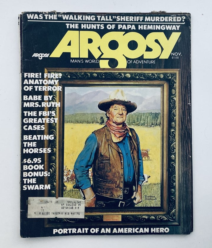 Cover of VTG Argosy Magazine Man's World November 1974 featuring an illustration by Norman Rockwell showcasing John Wayne. The magazine includes articles on adventure and features captivating visuals.