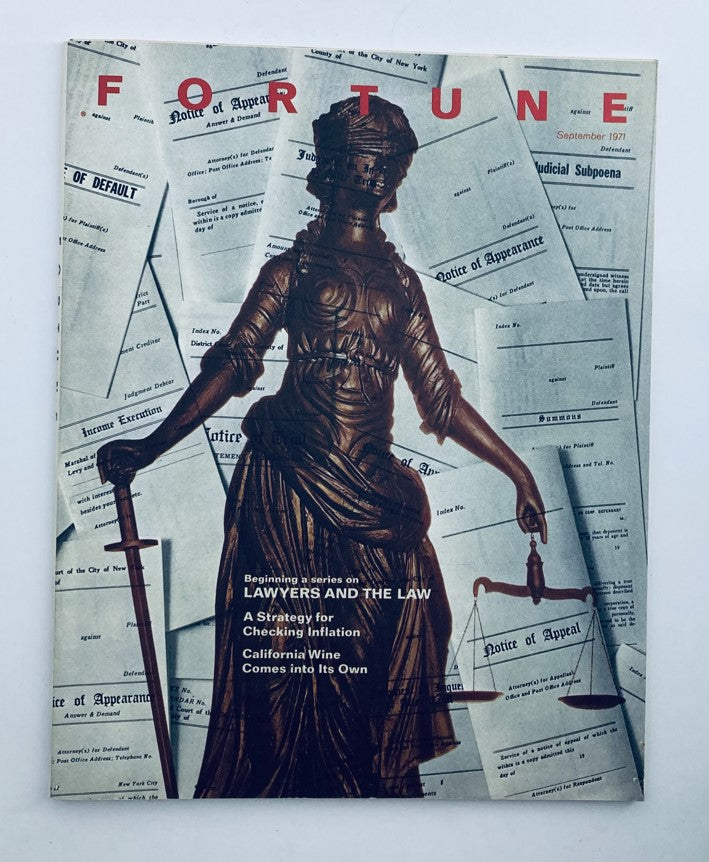 VTG Fortune Magazine September 1971 cover featuring a statue of Lady Justice against a backdrop of legal documents, highlighting the theme 'A Strategy for Checking Inflation'.
