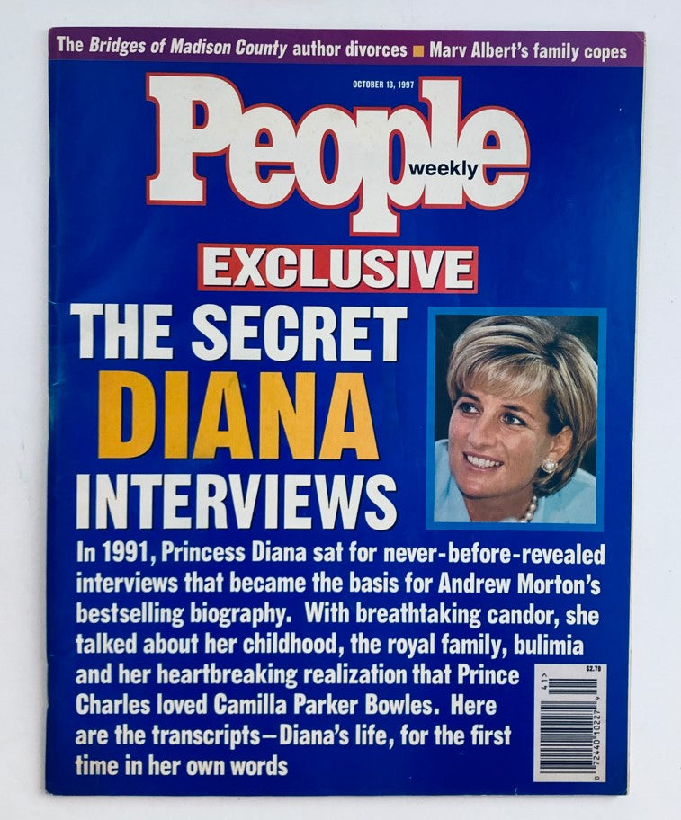 People Weekly Magazine cover from October 13, 1997, featuring the exclusive title 'The Secret Diana Interviews'. The cover includes an image of Princess Diana with a brief description of her candid discussions about her personal life.