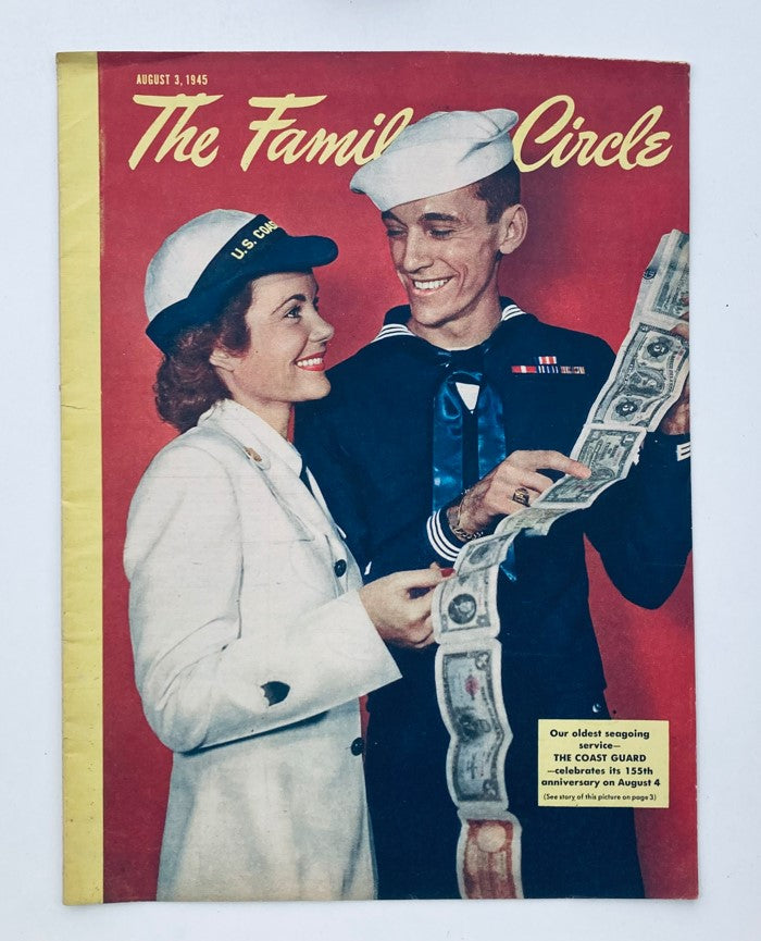 VTG The Family Circle Magazine August 3 1945 cover featuring a sailor with a white hat and a female in uniform, showcasing the Coast Guard with a colorful design.