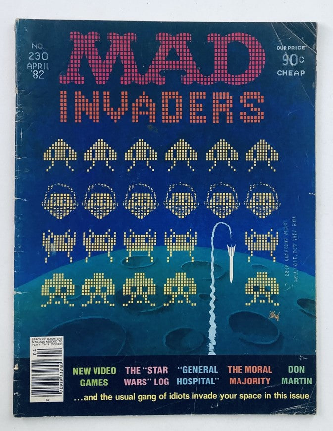 Cover of Mad Magazine April 1982 No. 230 titled 'Mad Invaders', featuring a humorous space-themed design with elements related to video games and the 'Star Wars Log'.