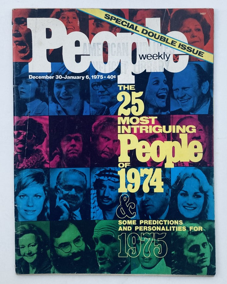 Vintage People Weekly Magazine cover from December 30, 1974, featuring the title 'The 25 Most Intriguing People of 1974' and predictions for 1975, showcasing notable figures of the 1970s.