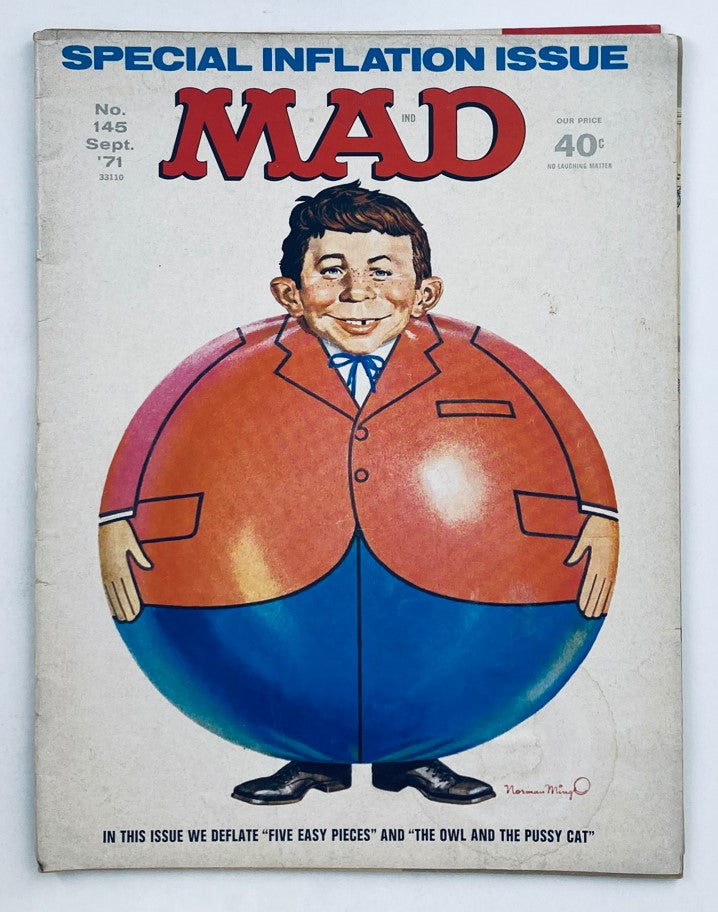 Cover of Mad Magazine September 1971 No. 145 featuring a humorous illustration of a plump character in a suit, emphasizing the special inflation issue. The cover includes the title 'Mad' prominently displayed.