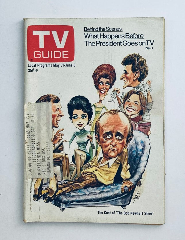 TV Guide Magazine cover featuring The Cast of The Bob Newhart Show, dated May 31, 1975. The illustration depicts caricatures of the show's characters sitting on a couch.