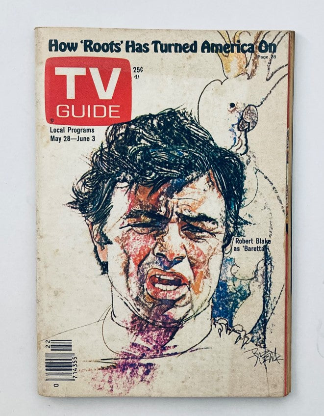 Cover of TV Guide Magazine from May 28, 1977 featuring Robert Blake as Baretta. The magazine has a prominent red TV Guide logo and colorful artwork, depicting Blake's expressive face. The cover highlights programming information and cultural relevance of 'Roots'.
