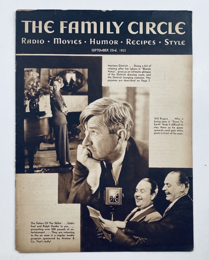 VTG The Family Circle Magazine September 23, 1932 featuring Marlene Dietrich on the cover, showcasing vintage Hollywood glamour and style.