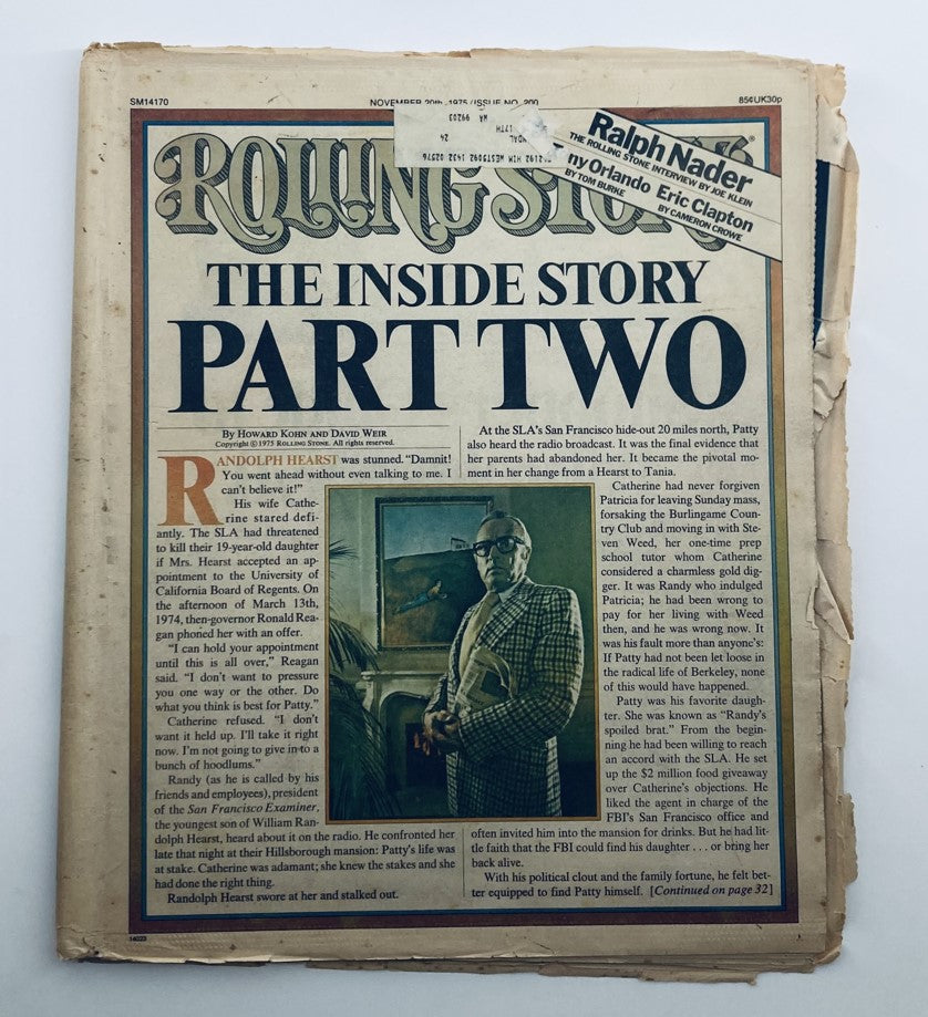 Cover of VTG Rolling Stone Magazine November 20, 1975, Issue No. 200 featuring the headline 'The Inside Story Part Two' and an article about Randolph Hearst.