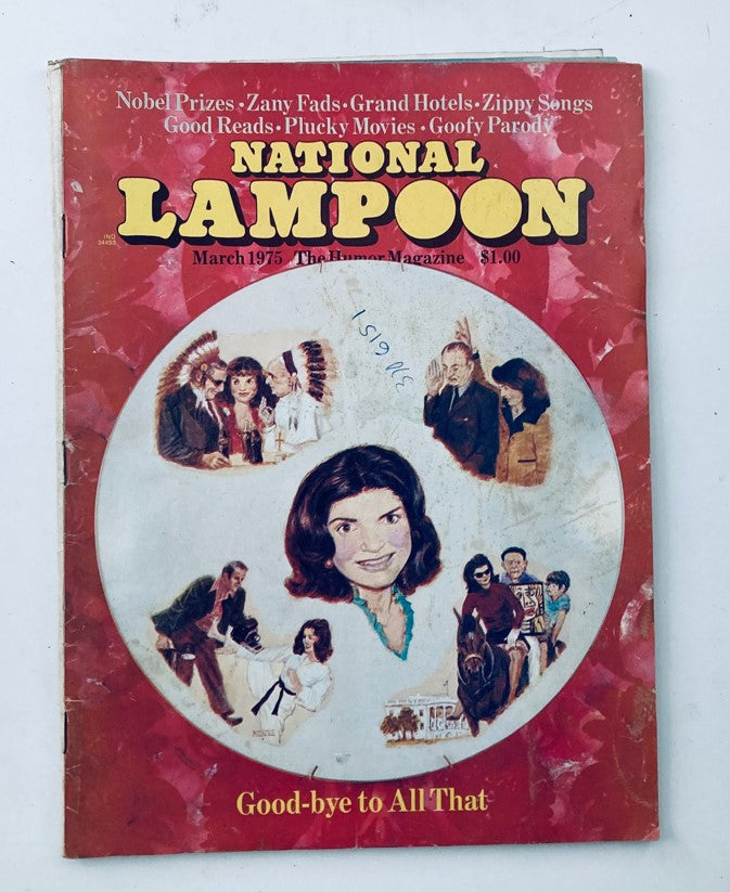 Vintage National Lampoon Magazine March 1975 cover featuring Jackie Kennedy, showcasing zany humor and cultural commentary from the mid-1970s.