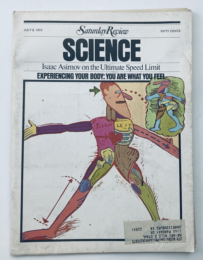 Cover of the Saturday Review Magazine dated July 8, 1972, featuring an article by Isaac Asimov on the Ultimate Speed Limit, showcasing a colorful illustration and the title 'SCIENCE'.