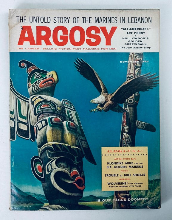 Cover of VTG Argosy Magazine November 1958, Vol 347 No. 5, featuring iconic artwork with totem poles, birds, and the headline 'The John Huston Story' alongside other articles.