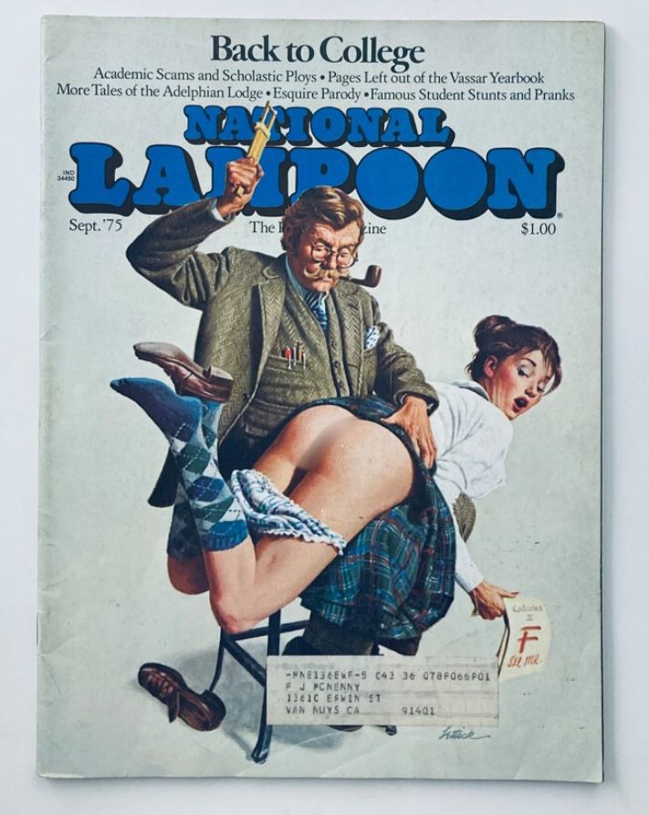 Vintage National Lampoon Magazine September 1975 Vol 1 No 66 featuring a humorous illustration with a college theme, showcasing an exaggerated scene of a professor and a student, reflecting the iconic satire of the magazine.