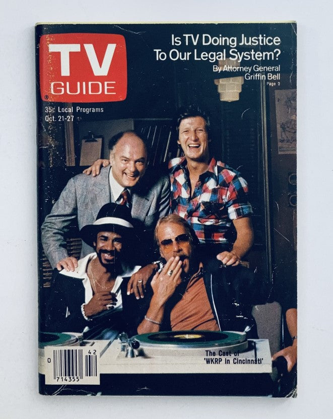 TV Guide Magazine October 21 1978 cover featuring the cast of WKRP in Cincinnati, with a headline discussing the legal system. This issue highlights Gary Sandy among others, providing a glimpse into television history.