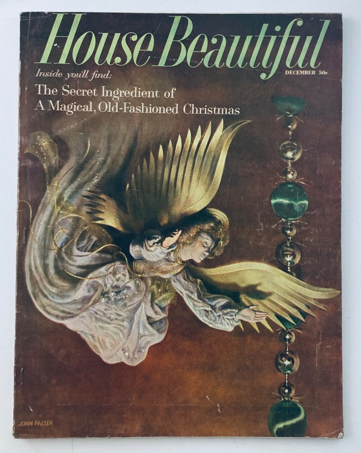 Cover of House Beautiful Magazine December 1958 showcasing an illustration of a magical angel and holiday decorations, capturing the theme of an Old-Fashioned Christmas.