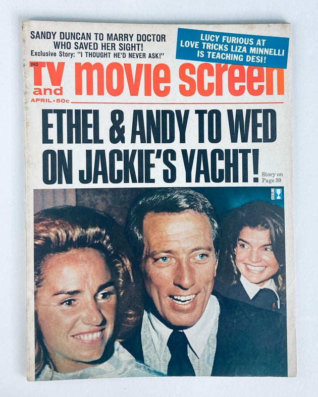 VTG TV and Movie Screen Magazine April 1972 cover featuring Ethel and Andy with the headline about Jackie’s yacht.
