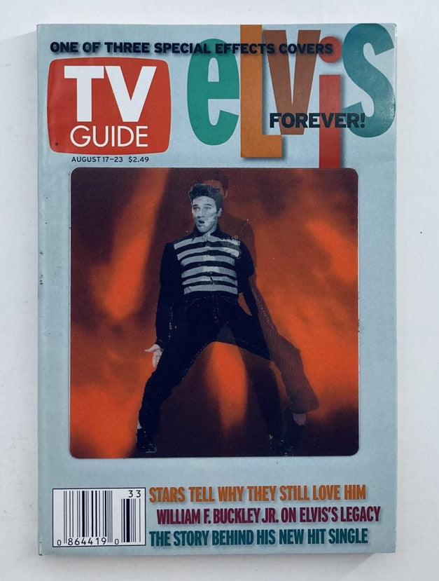 TV Guide Magazine cover from August 17-23, 2002 featuring Elvis Presley with the headline 'Elvis Forever!' highlighting special effects. Pristine condition, showcasing a piece of television history.