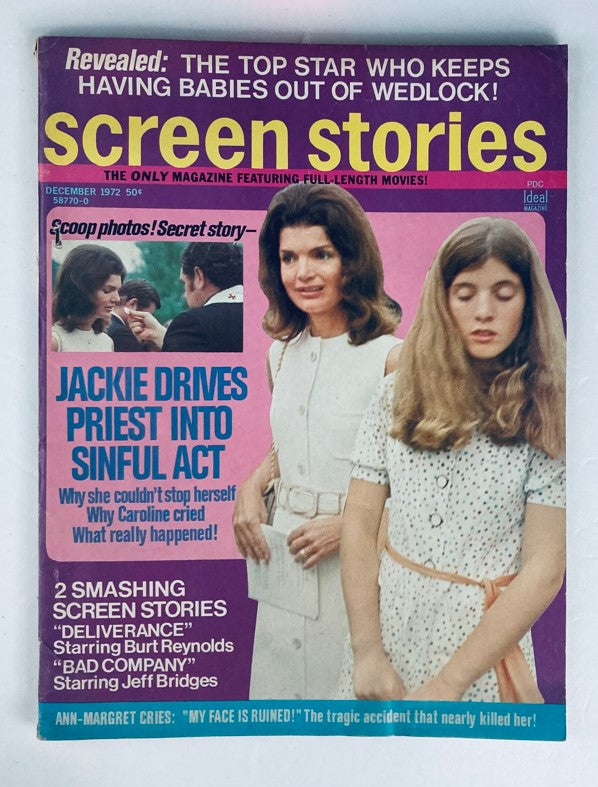 VTG Screen Stories Magazine December 1972 Vol 71 No. 12 featuring Jackie Kennedy on the cover, showcasing cultural moments of the early 1970s.