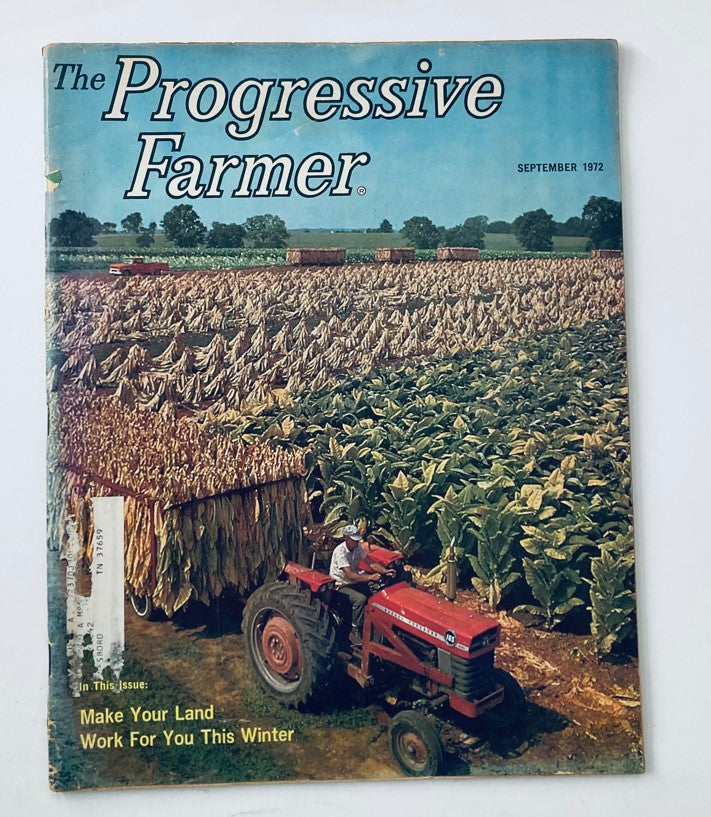 Cover of The Progressive Farmer Magazine, September 1972, depicting a farmer on a red tractor working in fields of tobacco with bales in the background, symbolizing the agricultural life and the livestock show circuit.