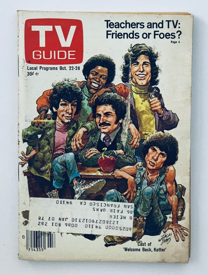 TV Guide Magazine October 22 1977 #1282 featuring the cast of 'Welcome Back, Kotter' on the cover, highlighting the question 'Teachers and TV: Friends or Foes?' with vibrant illustrations.